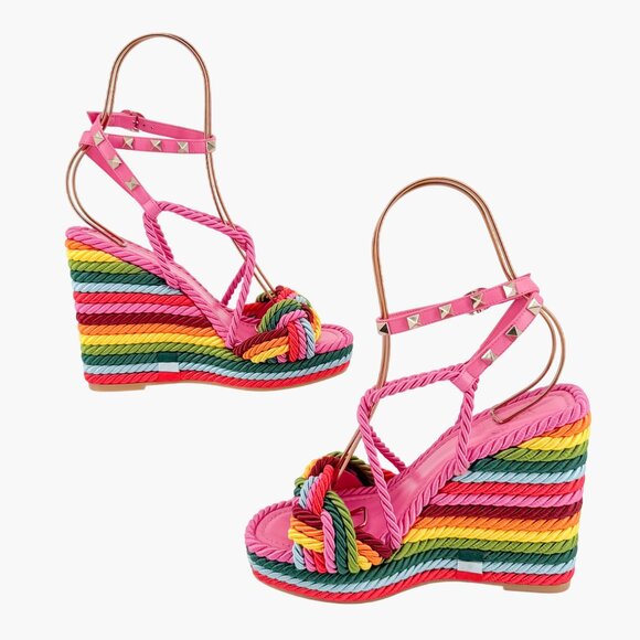 Valentino Garavani Torchon Rainbow Wedge Sandals EU 36 US 6 Rockstud Braided - Picture 10 of 13